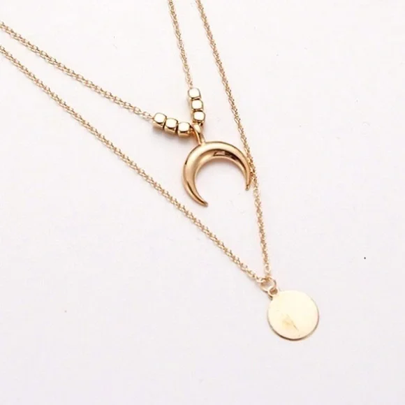 Moon/Disc Pendant, Multi-layer Necklace; Gold - Picture 4 of 10